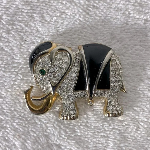 Vintage Jewelry - Vintage Black Bejeweled With  Gold Tone Accents Pin Brooch